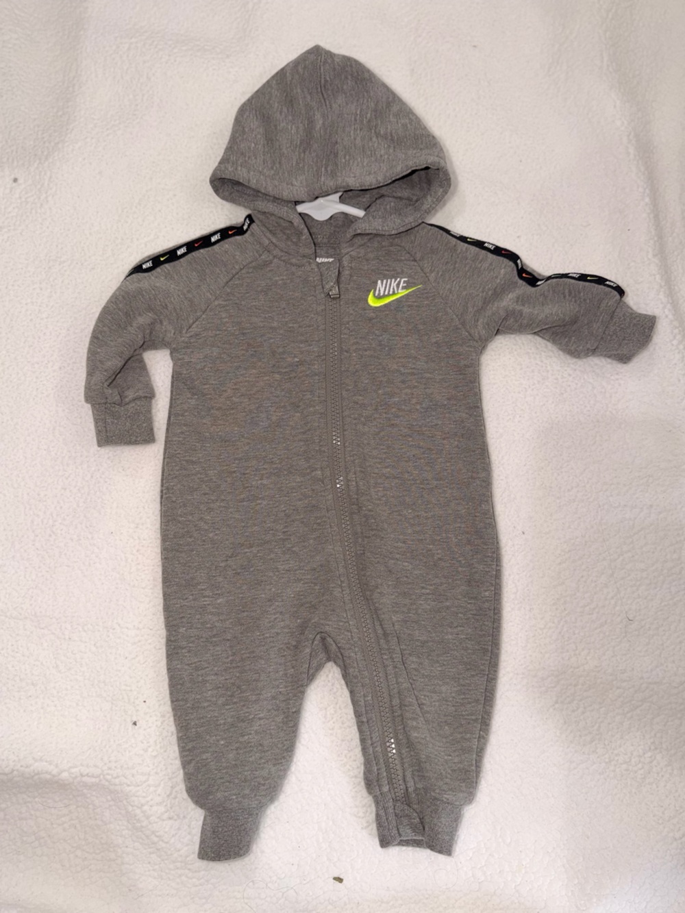 Nike Grey Hooded Infant Zip One-Piece with Neon Green Swoosh